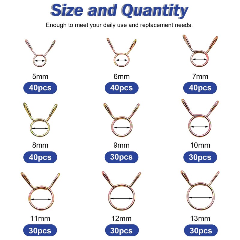 Tnisesm 310Pcs 5-13mm 9 Size Spring Clips Clamps Assortment Kit,