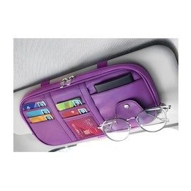 MUQIDA Car Sun Visor Organizer, Multi-Pocket Visor Storage Pouch Sunglasses Holder with Net Zippers, PU Leather Sunvisor Storage Bag with Elastic Band for Driving License Card Pen (Purple)