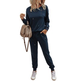 PRETTYGARDEN Women's Tie Dye Two Piece Pajamas Set Casual Long Sleeve Sweatshirt with Long Pants Loungewear (Solid-Navy,Large)