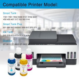 31 32XL Ink Bottle Set, 32 XL Ink Refill Compatible for HP Smart Tank 7301 7602 651 5000 5101 6001 5102 551 555 Printer,Black CMY
