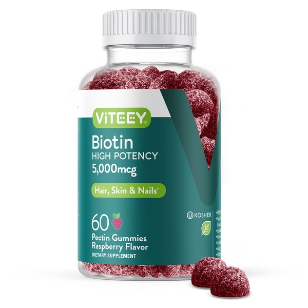 Biotin Gummies 5000mcg - Healthy Hair Growth, Healthy Skin Glow, Strong Healthy Nail Growth, Dietary Supplement Chewable Gummy Vitamin, Pectin Vegan Gummies, for Adults Teens & Kids, Raspberry Flavor
