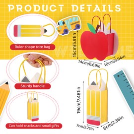 Kolldenn 24 Pack Apple and Pencil Back to School Gift Bag with Handle Reusable First Day of School Treat Bag Bulk for Teacher Appreciation Kindergarten Preschool Welcome Back Party Favor
