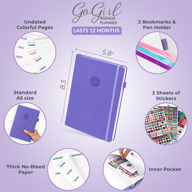 GoGirl Planner Agenda – Colorful Undated Monthly & Weekly Organizer