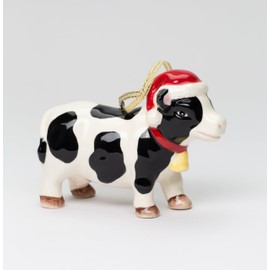 Fine Ceramic Christmas Country Cow Tree Ornament Figurine, 4" L