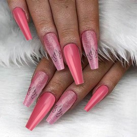 Uranian Coffin Extra Long Press on Nails White Ballerina French Brown Fake Nails Glossy Luxury Spots Pink Full Cover False Nails Marble Shimmer Bling Acrylic Nails Tips for Women and Girls (24pcs) (Style E)