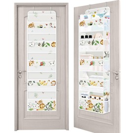 Clastyle Grey Animal Kids Over the Door Organizer with 5 Large Pockets Elephant Nursery Hanging Storage Organizer Clothes Diaper Toy Lion Closet Door Hanging Shelf Storage for Bedroom Bathroom Pantry