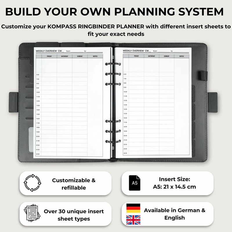 KOMPASS® Notebook Inserts for Ring Binder Planner | A5 (14.5