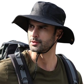 Men's Sun Hat Summer Outdoor UV Protection Mesh Wide Brim Bucket Hats Waterproof Packable Boonie Safari Fishing Cap for Hunting Hiking Camping Gardening Beach Black