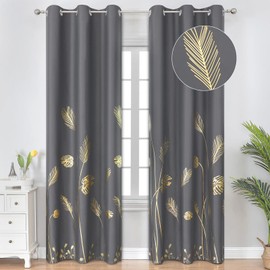 Estelar Textiler Thermal Insulated Blackout Curtains 84 Inches Long with Field Style Gold Leaf and Wheat Printed Light Blocking Curtains for Bedroom Kids Room, 38Wx84L, Dark Grey, 1Pair