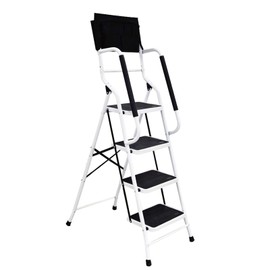 WiberWi 4 Step Ladder with Handrails 500 lb Capacity Step Stool Folding Portable Ladders for Home Kitchen Steel Frame with Non-Slip Wide Pedal Stepladder with Attachable Tool Bag White