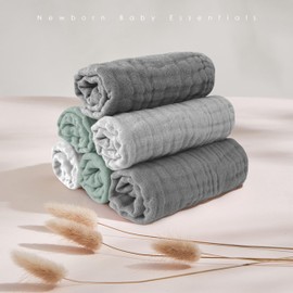 MOON PARK Baby Washcloths, 12 Pack - 12x12 Inches, Small Burp Cloths and Baby Wipes - 100% Cotton Muslin Ultra Soft for Newborn, Infant and Toddlers - Grey, Green and Slate