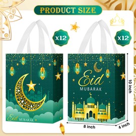 Locmeo 24 Pcs Eid Mubarak Reusable Gift Bags with Handles Non Woven Al Fitr Muslim Treat Bags Multifunctional Ramadan Mubarak Gift Bags for Party Supplies Gifts Wrapping (Dark Green)