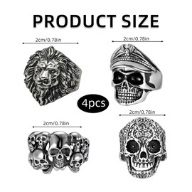 Pack of 4 Skull Ring, Animal Lion Head Ring, Stainless Steel Signet Ring, Men's Ring, Biker Men's Skull Head Ring, Skeleton Band Ring, Punk Rock Pirate Skull Ring for Boys Signet Ring, Stainless
