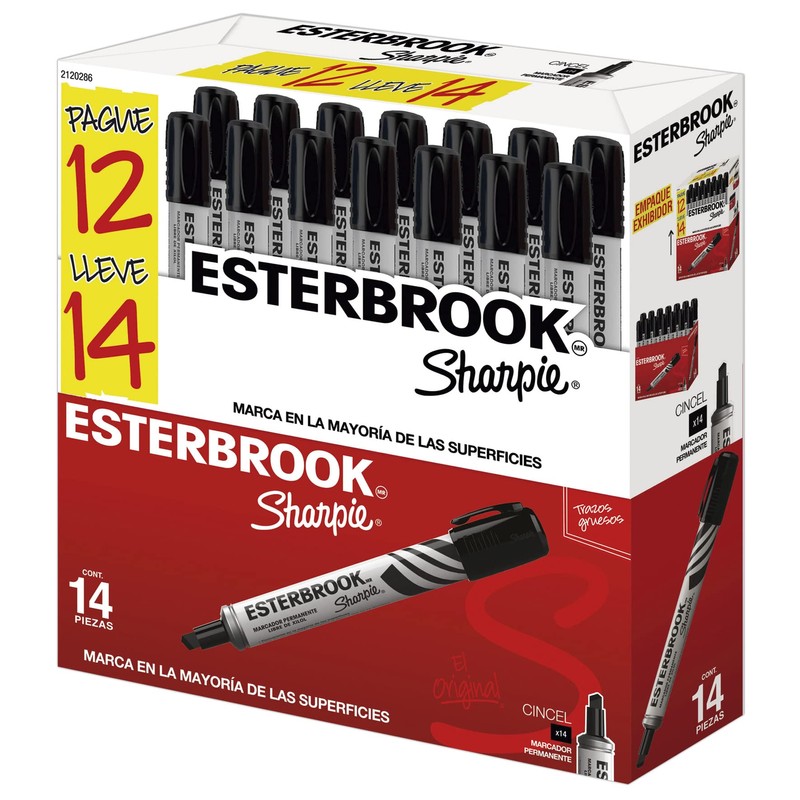 Sharpie Esterbrook Marcadores Permanentes, Punta Cincel, Negro, 14 Piezas