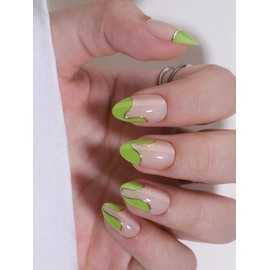 Hrnsnails Almond Press On Nails, Glue On Nails Short Fake Nails Green French Tip Nails with Golden Lines Designs, Acrylic Nails Press On Gel False Nails,Artificial Nails Stick On Nails for Women
