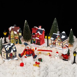Weysat 19 Pcs Christmas Village Houses Sets Christmas Village Miniature Display Xmas Scene Figurines Trees Snowman Decor Desktop Table Decor Winter Town Scene