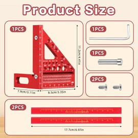 TPTGIAR 3D Mitre Angle Multifunctional, 22.5-90 Angle Aluminium Alloy Protractor, High Precision Speed Marker, Carpenter's Angle with 2 Woodworking Pins for Carpenters Engineers (Red)