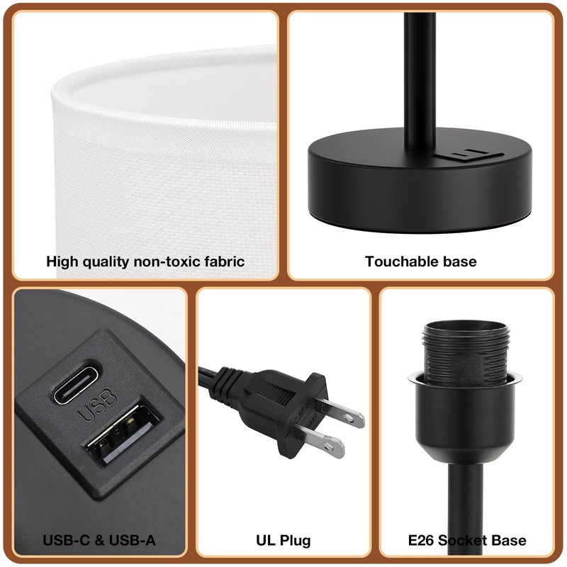 White Touch Table Lamp with USB - 3 Way Dimmable