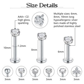 AVYRING 20G 18G 16G Transparent Acrylic Bioflex Tragus Piercing Lip Piercing Labret Medusa CZ Piercing Stud Helix Ear Piercing, Stainless Steel