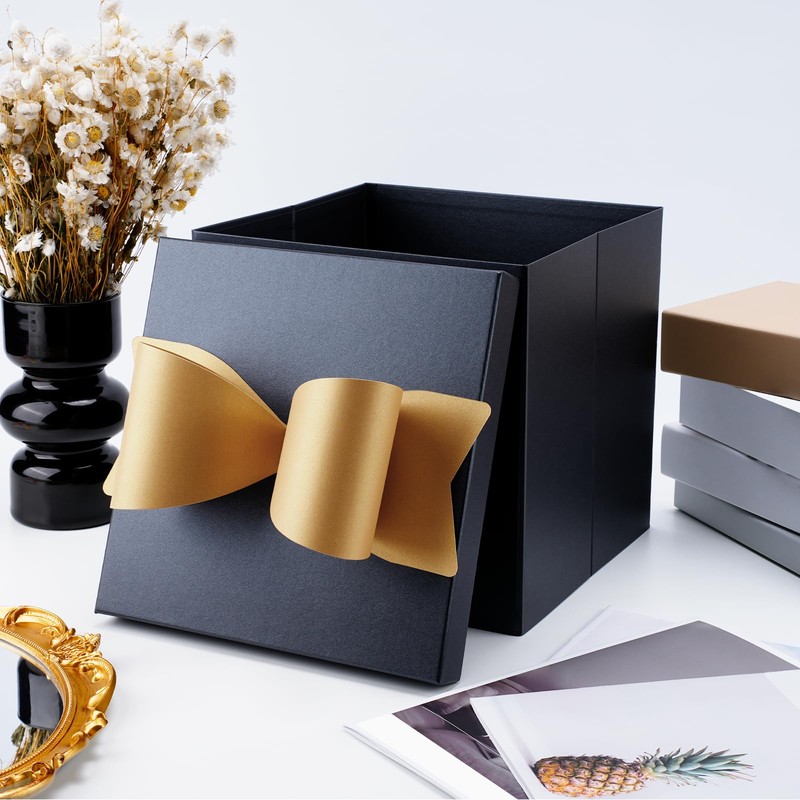 LaRibbons Large Gift Boxes with Lids,10x10x10 Inches Black Square Gift