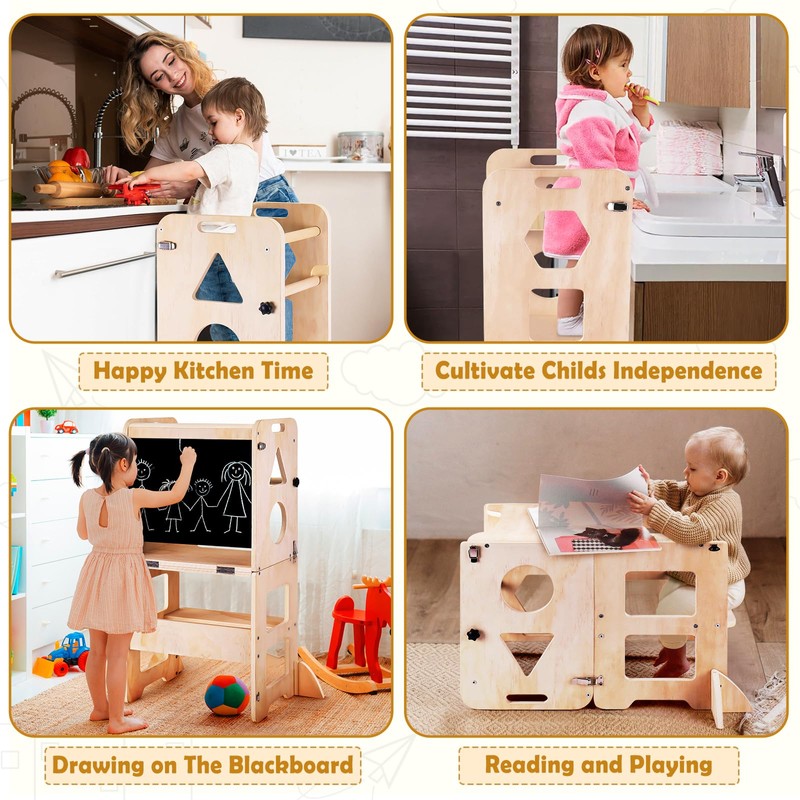 4-in-1 Toddler Kitchen Step Stool, Foldable Learning Standing Tower with