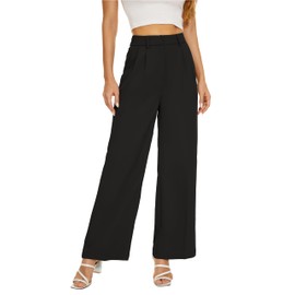 KICZOY Women's Wide Leg High Waist Pants Loose Fit Back Elastic Waist Pleated Front Trousers for Work Casual Black