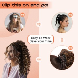 SEIKEA Ponytail Extension, 18" Claw Clip Ponytail Extension Wavy Curly Jaw Clip in Ponytail Hair Extensions Fluffy Natural Soft Fake Pony Tails Synthetic Hairpiece Chocolate Brown/Caramel Blonde