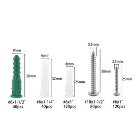 HANLATO 400PCS Dry Wall Anchors and Screws Kit, Ribbed Anchors Assortment Screws Kit, Self Drilling Wall Anchors and Screws for Drywall, 2 Sizes Screws and 3 Sizes Anchors with Organizer Box