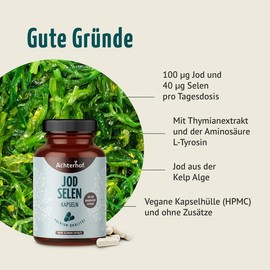 Iodine Selenium Capsules (Pack of 180) | 100 μg Iodine and 40 μg Selenium per Daily Dose | With Thyme Extract and Amino Acid L-Tyrosine | for 180 Days | Achterhof