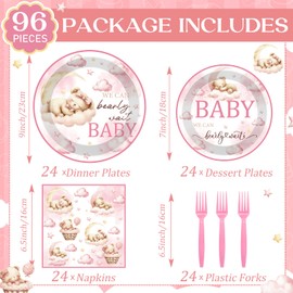 VorkiVecKi Bear Disposable Party Plates - 96 Pcs Pink We Can Bearly Wait Baby Shower Decorations for Girls Cute Gender Reveal Napkins Forks Tableware Set Supplies Shortcake Dinnerware Serves 24 Guests