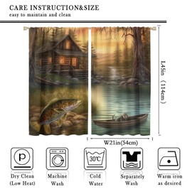 Hazuff Fishing Decor Curtains, Vintage Painting Style Rustic Cabin Pond Boat Fishing Bass Pattern Windows Treatments, Thermal Insulation Rod Pocket Drapes for Girls Boys Living Room Bedroom 42X45in