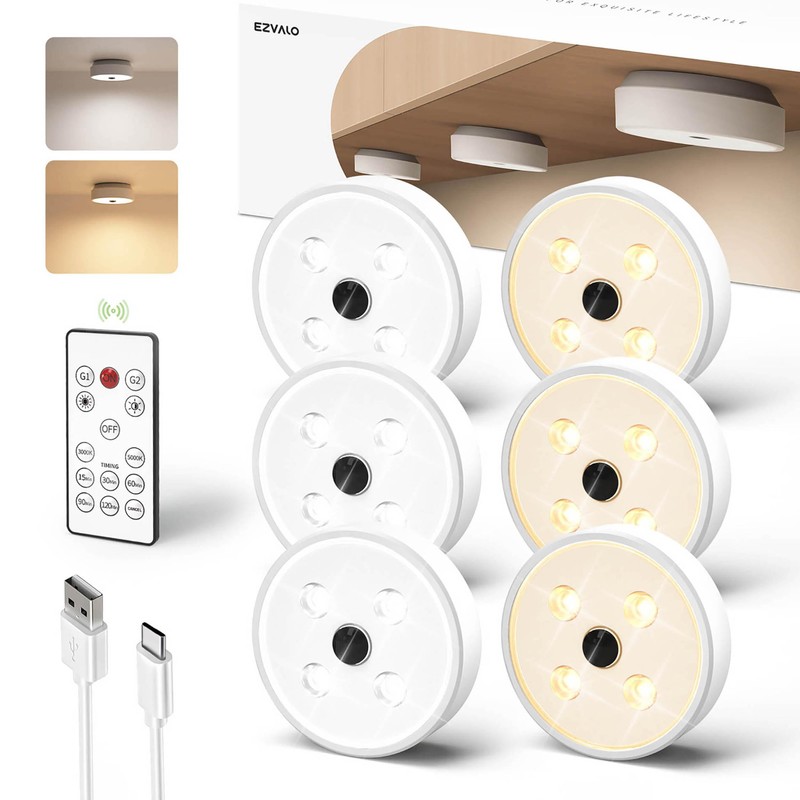 EZVALO Puck Lights with Remote Control, Rechargeable LED Battery Operated,