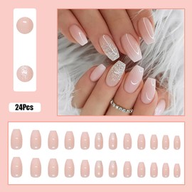 24 Pcs Winter Press on Nails Medium Fake Nails Coffin False Nails with Glitter Design Pink White Nails Press ons Acrylic Nails Artificial Holiday Glue on Nails Full Cover Stick on Nails for Women