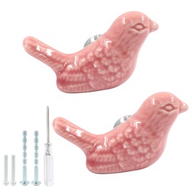 HARSKIYER Bird Shape Ceramic Knobs, 2 Pack Pink Cute Cabinet Pulls Handles for Dresser, Drawer, Cupboard with Mounting Screws and Screwdriver