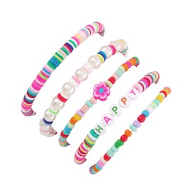 5Pcs Bohemian Inspiration Word Heishi Vinyl Disc Beaded Bracelet Set for Women Tai Chi Flower Imitation Pearl Soft Clay Stretchy Stackable Bracelet Summer Beach Surfing Jewelry-C rainbow