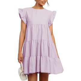 IHOT Going Out Dress for Women Babydoll Ruffle Sleeveless Tiered Pleated Lightweight Summer Casual Beach Vacation Graduation Tunic Dresses with Pockets Lilac Small
