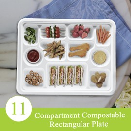 three leaf 11 Compartment Bagasse Rectangular Plate, 200 Ct. PFAS-Free, Heavy Duty, Sugarcane Fiber, Eco Friendly Disposable, 100% Biodegradable, Microwave and Freezer Safe, Ideal for Lunch, Buffet