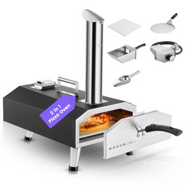2 in 1 Outdoor Pizza Oven, 12" Portable Wood Pellet and Gas Pizza Oven, Heats up to 1000°F, with Gas Hose & Pizza Stone, Tabletop Stainless Steel Pizza Oven for Backyard, Camping, Picnics, Black