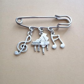 Piano and Music Note Charm Pendant Brooch, Punk Vintage Style