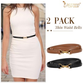JASGOOD 2 Pack Women Skinny Faux Leather Belts Thin Waist Belts With Adjustable Vintage Gold Buckle for Dresses Jeans(Black+Brown)