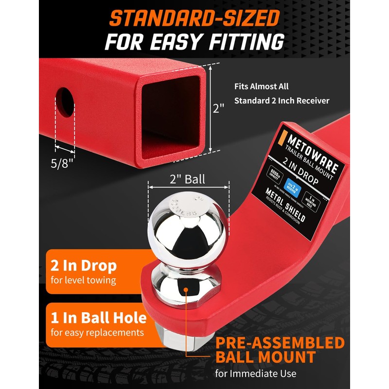 Trailer Hitch Ball Mount 2" Drop Fits 2" Receiver, 6000Lbs