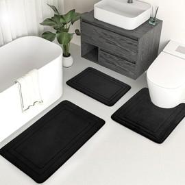 Memory Foam Bath Mat Set ┃ Non-Slip Upgrade Bathroom Rug ┃ Ultra Soft Comfortable Absorbent Machine Wash 3 Piece Toilet Mat Floor Carpet for Bedroom,Tub,Shower┃Black, U20” X 24”+17” X 24”+20” X 32”
