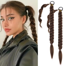 2 Packs Light Brown Long Braided Ponytail Extensions with Hair Ties Natural Soft Synthetic Hair Piece for Black Women Straight Wrap Around Hair Extensions Ponytail