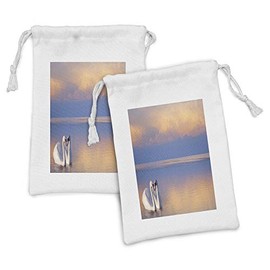 Lunarable Swan Fabric Pouch Set of 2, Swan Couple Floating Lake Happiness Soul Mates United Purity Animals Love Image, Small Drawstring Bag for Toiletries Masks and Favors, 9" x 6", Pink Blue