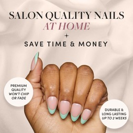 Glamnetic Press On Nails - Pistachio Crème | Short Almond Mint Blue French Tips with a Glossy Finish, Fake Nails, Reusable | 15 Sizes - 30 Nail Kit with Glue