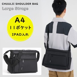 CHUULII Men's Shoulder Bag, Crossbody Bag, Large Capacity, 11 Pockets, Organization, A4 File, Wide, Shoulder Bag, One Shoulder Bag, Lightweight, Commute, Overnight Travel, Black