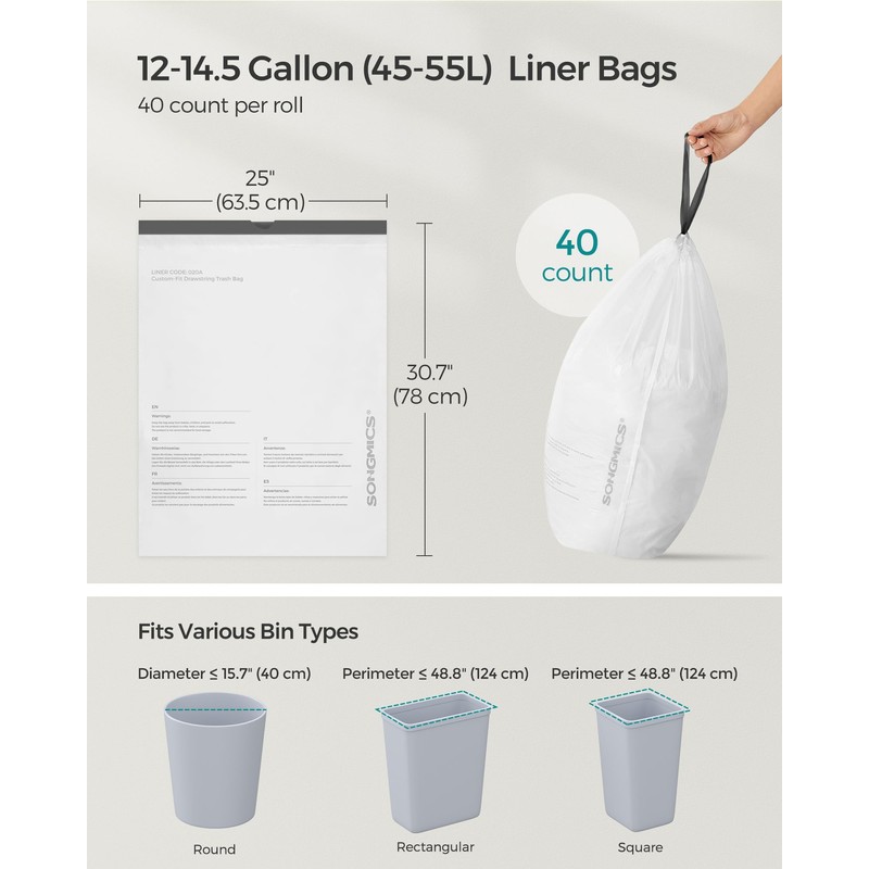 SONGMICS Trash Bags for 12-14.5 Gallon (45-55L) Trash Cans, 120