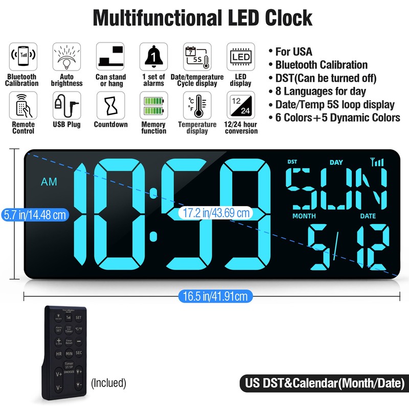 TXL 17.2" Large Digital Wall Clock Bluetooth Sync Time, LED