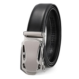 JASGOOD Mens Belt Ratchet Leather Belt Automatic Slide Belt for Men Dress Casual Belt with Adjustable Buckle(Black-Silver)