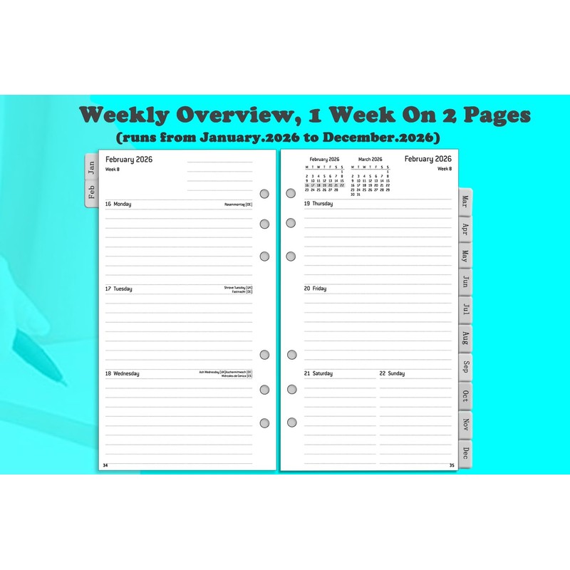 2026 Weekly Planner Insert Personal A6, 6 Holes, 1 Week